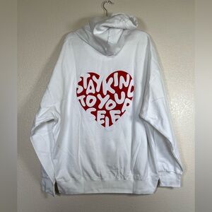 White hoodie with red heart graphic on back, size 2X